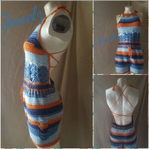 Handmade Crochet Striped Halter Romper in Blue & Orange